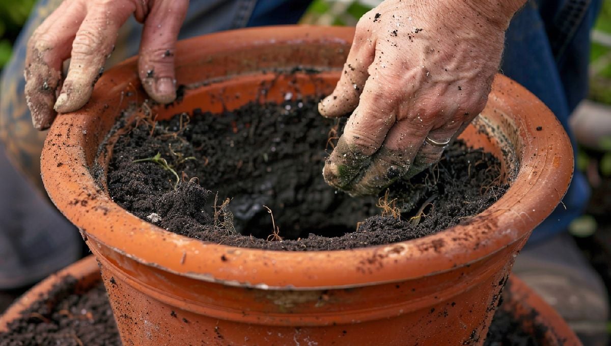 Transplanting Cannabis: The Ultimate Guide: A grower's hands as he's preparing a hole in the soil in a big ceramic pot
