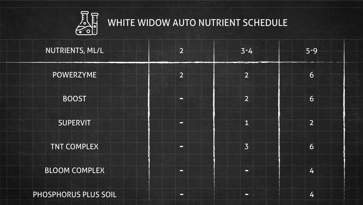 White Widow Auto feeding chart for both the vegetative and flowering stage