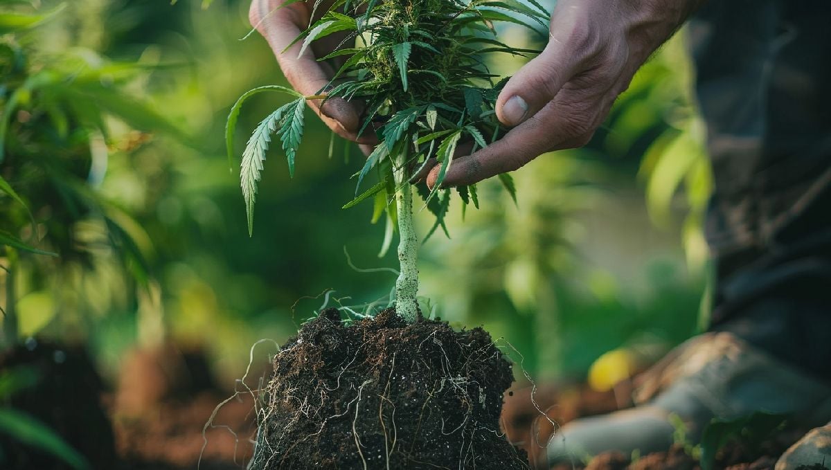 Transplanting Cannabis: The Ultimate Guide: A grower's hands as he's repotting a flowering cannabis plant