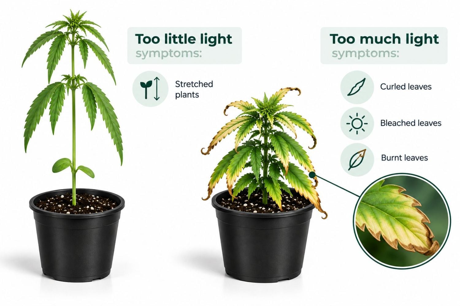 Common cannabis seedling problems: light Common cannabis seedling problems: light