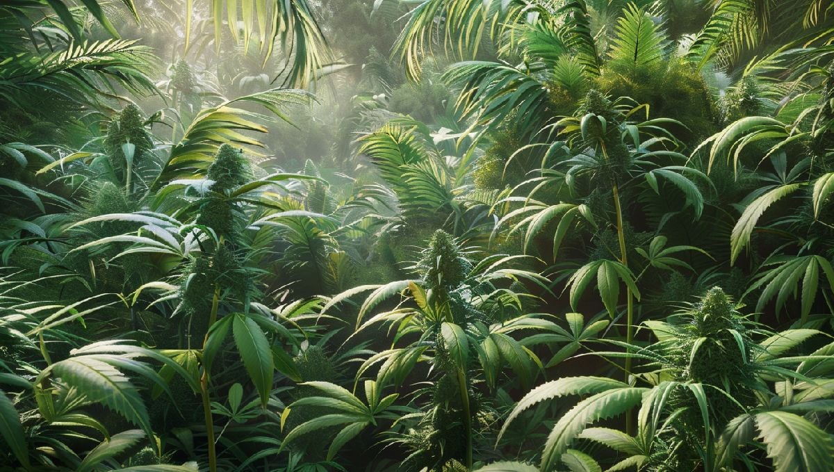 Weed in Hawaii: Cannabis Legal Status Guide: An AI-generated image of cannabis plants growing in tropical jungle