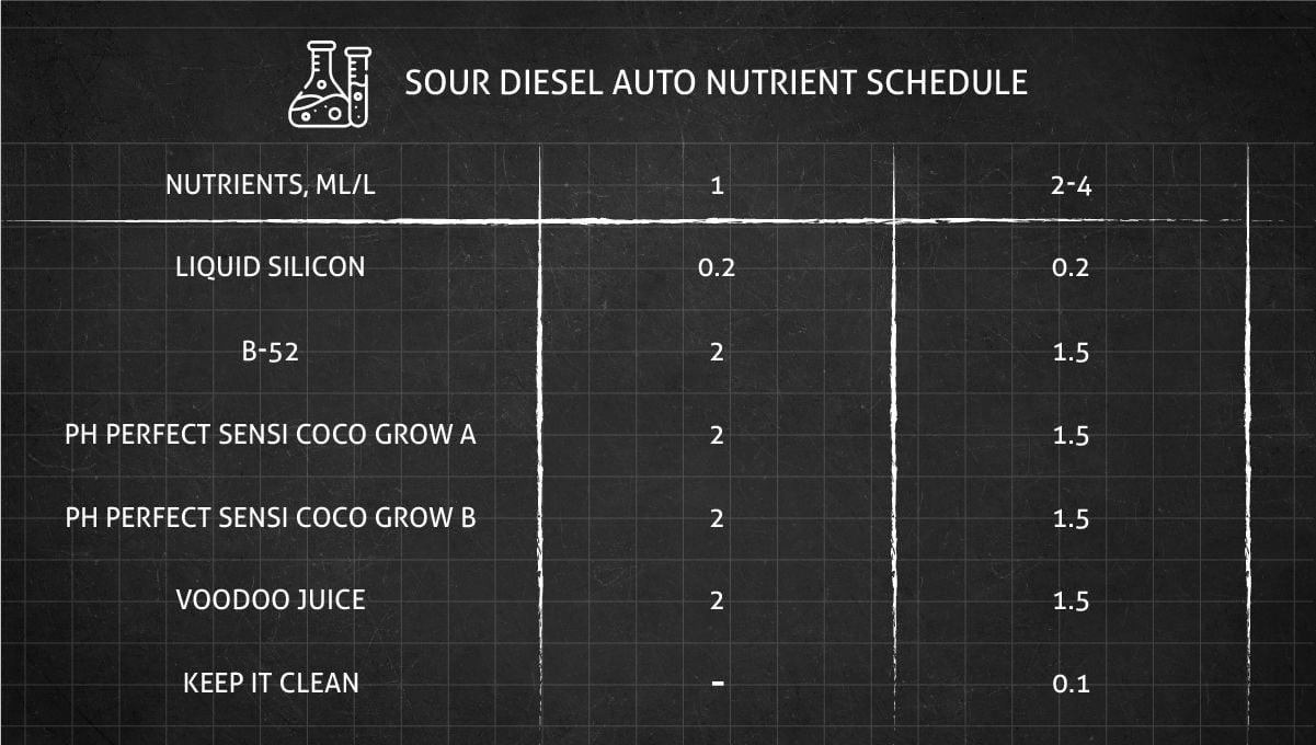 Sour Diesel Auto cannabis strain: feeding chart for the vegetative stage.
