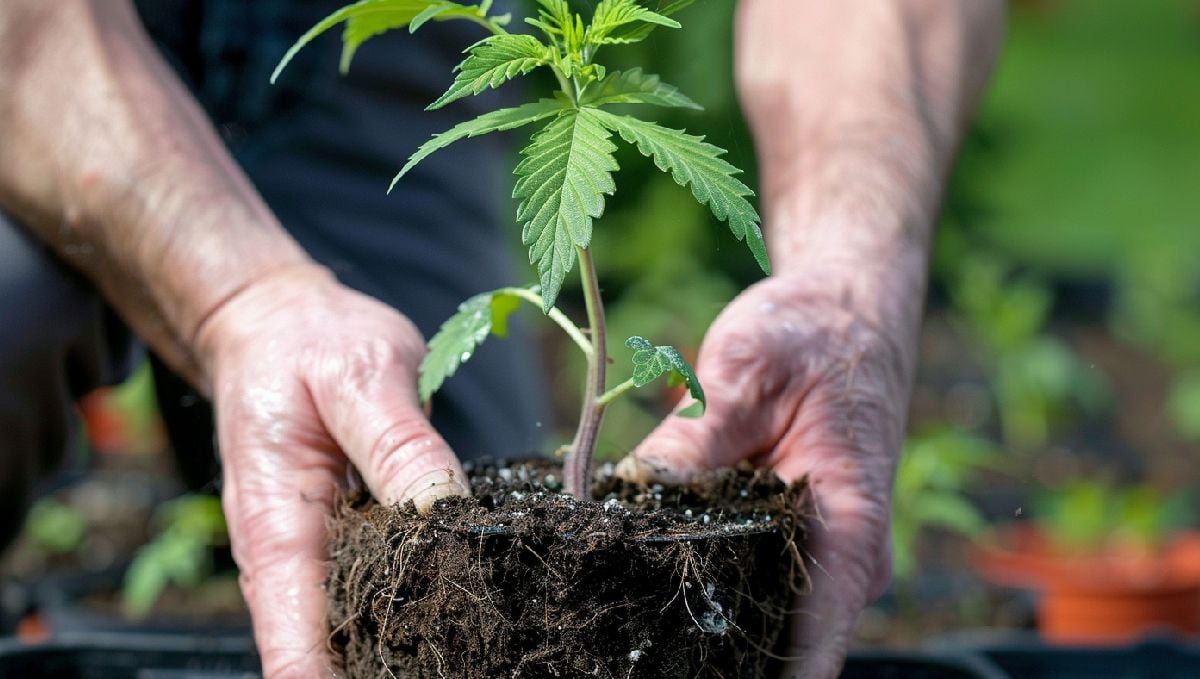 Transplanting Cannabis: The Ultimate Guide: An old man's hands as he's lowering the rootball of a cannabis plant into a new medium