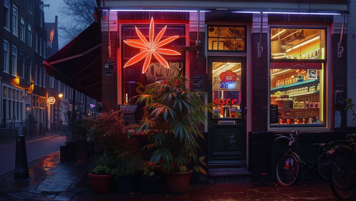 Weed in the Netherlands: Cannabis Legal Status Guide: A cannabis shop at night Weed in the Netherlands: Cannabis Legal Status Guide: A cannabis shop at night
